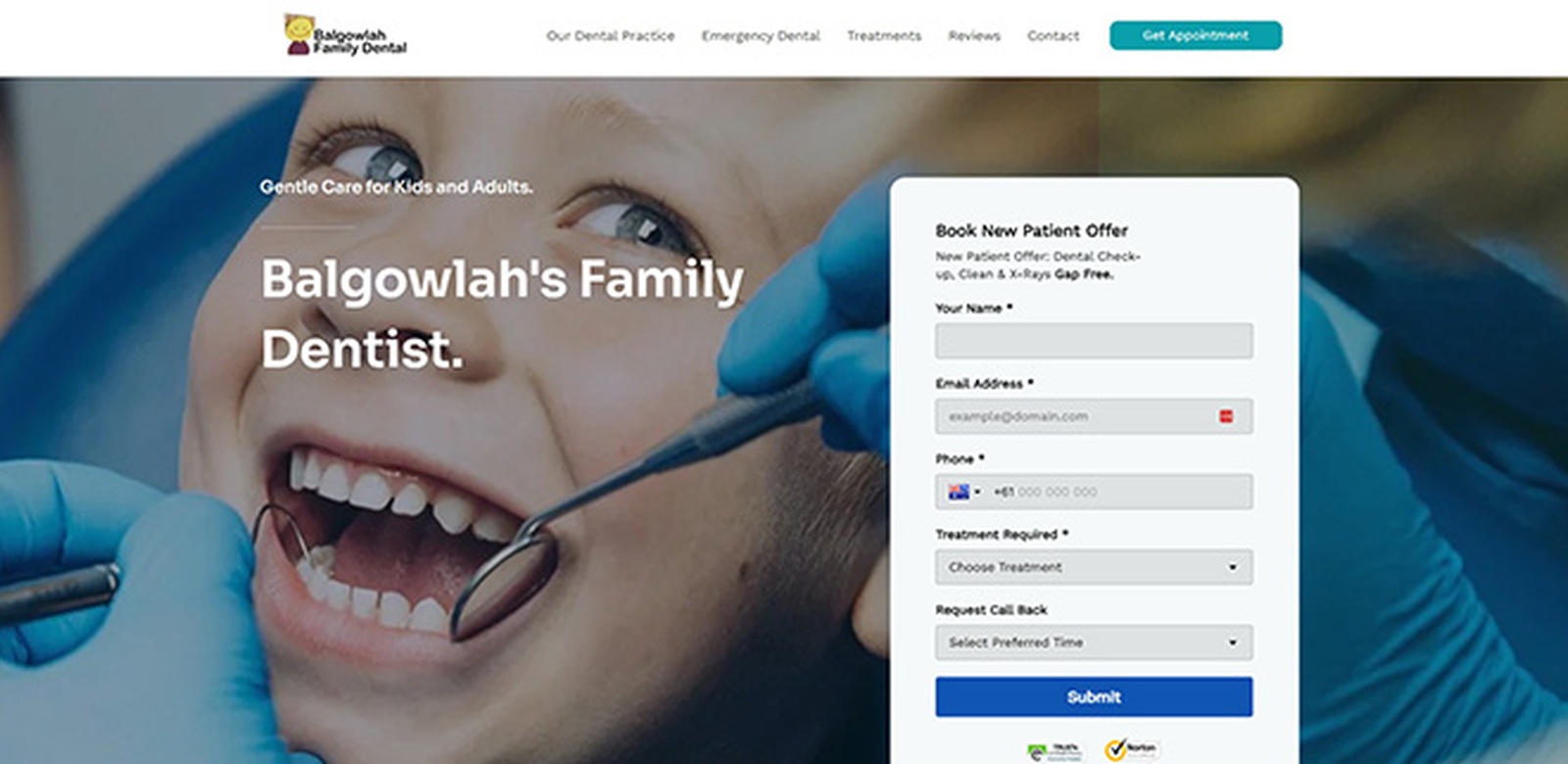 Website design for a family dental clinic, shown on desktop