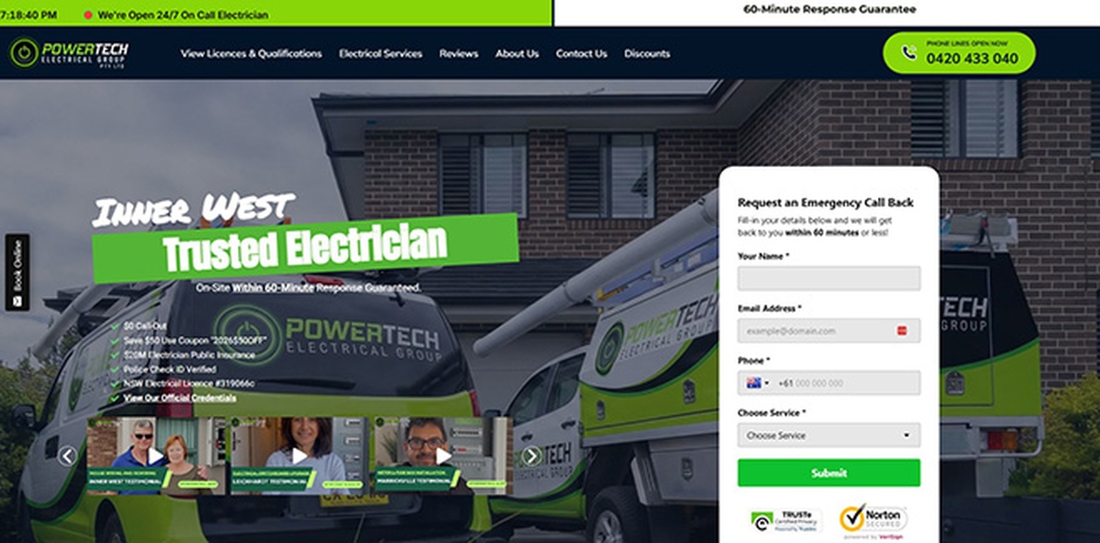 Website design for a licensed Bankstown electrician, shown on desktop