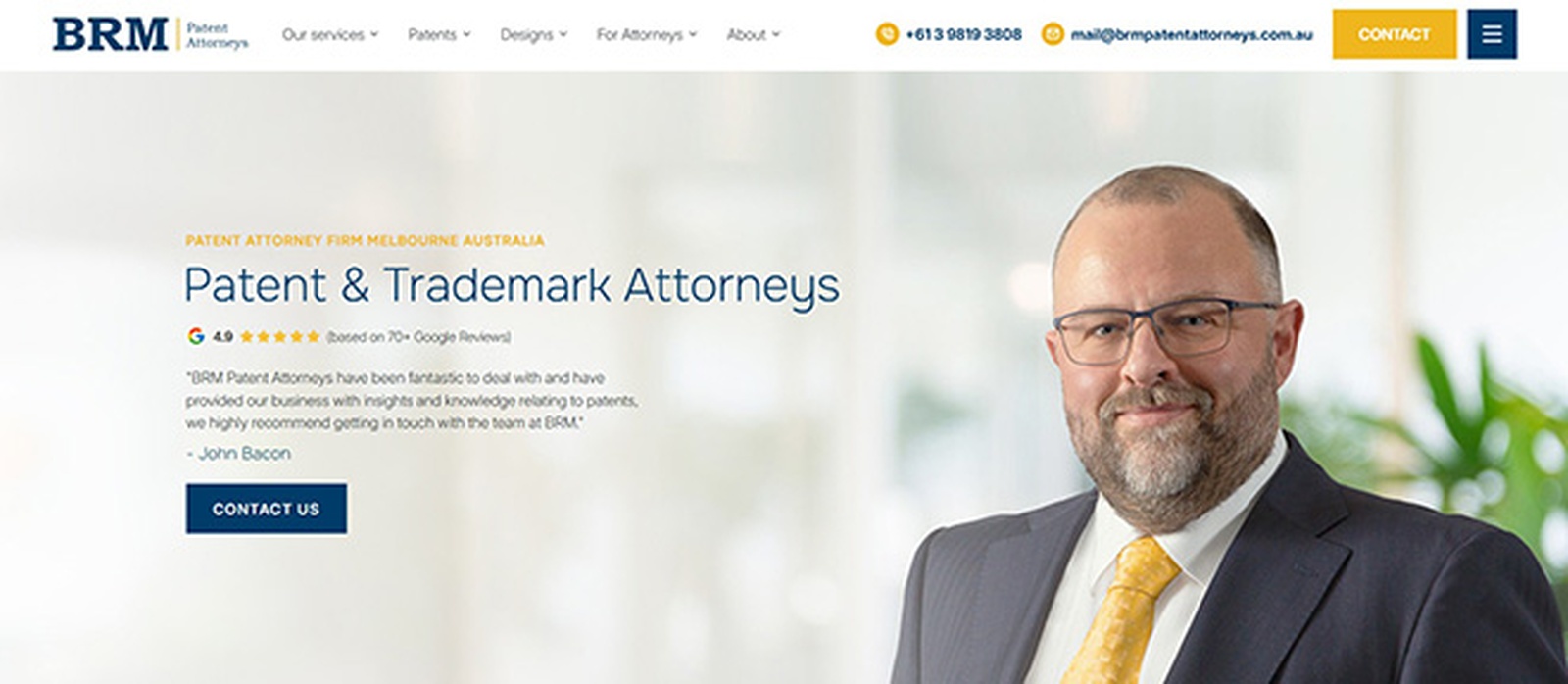 Website design for a patent and trademark attorney firm, shown on desktop