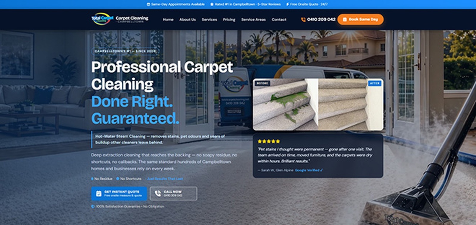 Website design for a professional carpet cleaning service, shown on desktop